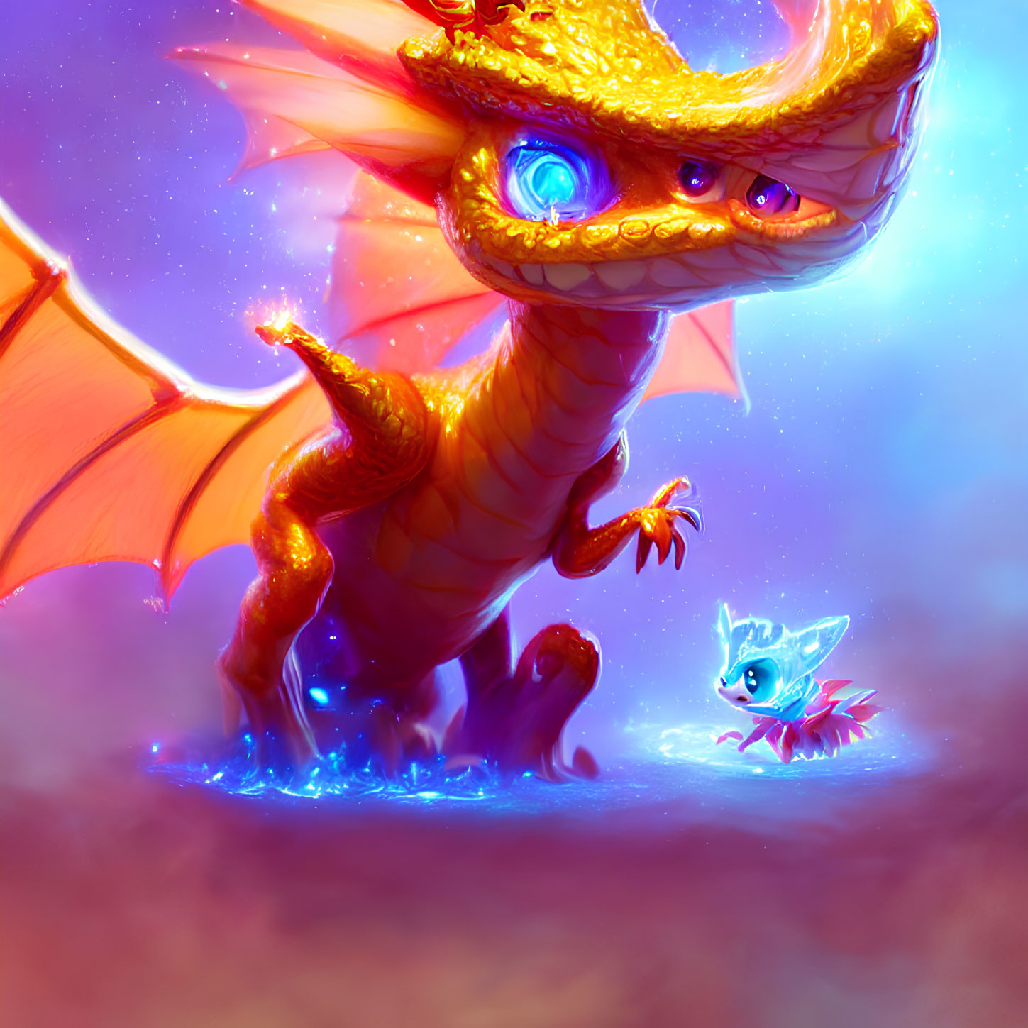 Colorful Dragon with Blue Eyes Confronts Small Creature in Warm Setting