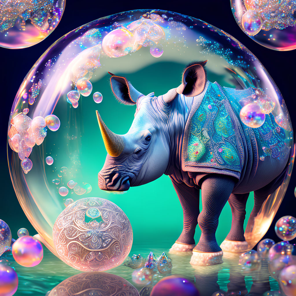 Surreal rhino with cloak in cosmic bubble scene