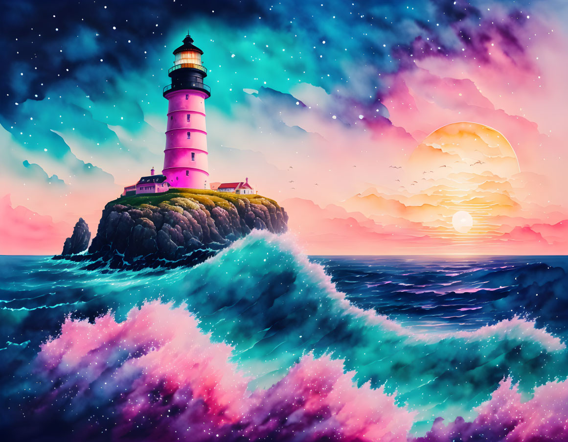 Fantasy sunset digital artwork: lighthouse on cliff, glowing sea waves, starry sky