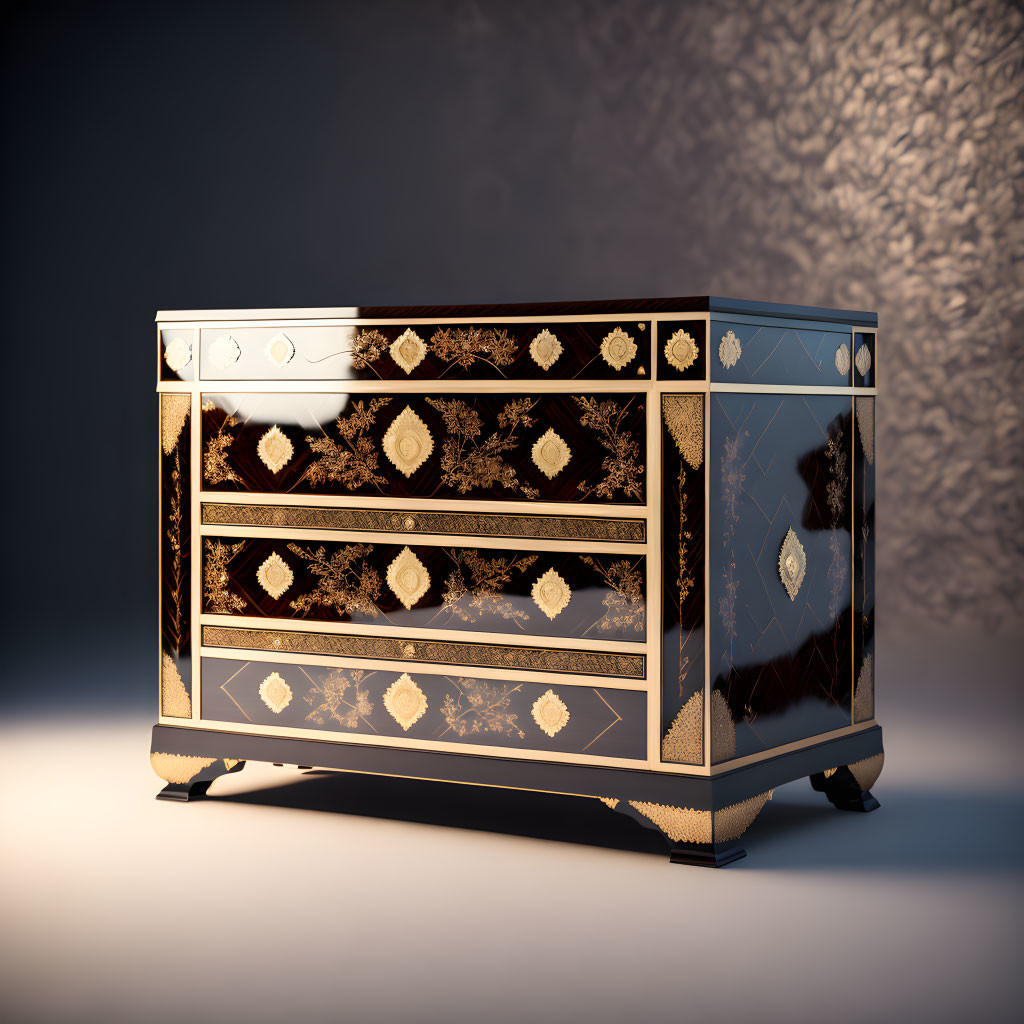 Inlaid geometric patterns on ornate wooden cabinet with gold accents