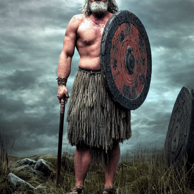 Muscular Man in Fur Loincloth with Spear and Shield Under Cloudy Sky