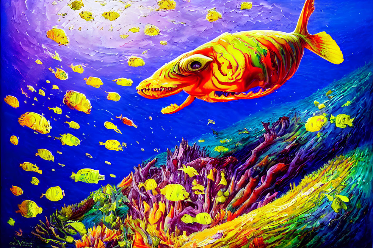 Colorful Fish Surrounded by Yellow Fish in Vibrant Underwater Scene