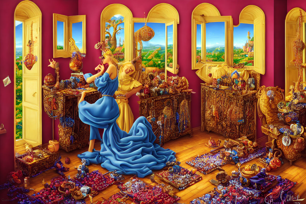 Woman in flowing blue dress admires ornate furniture and colorful pottery in scenic room