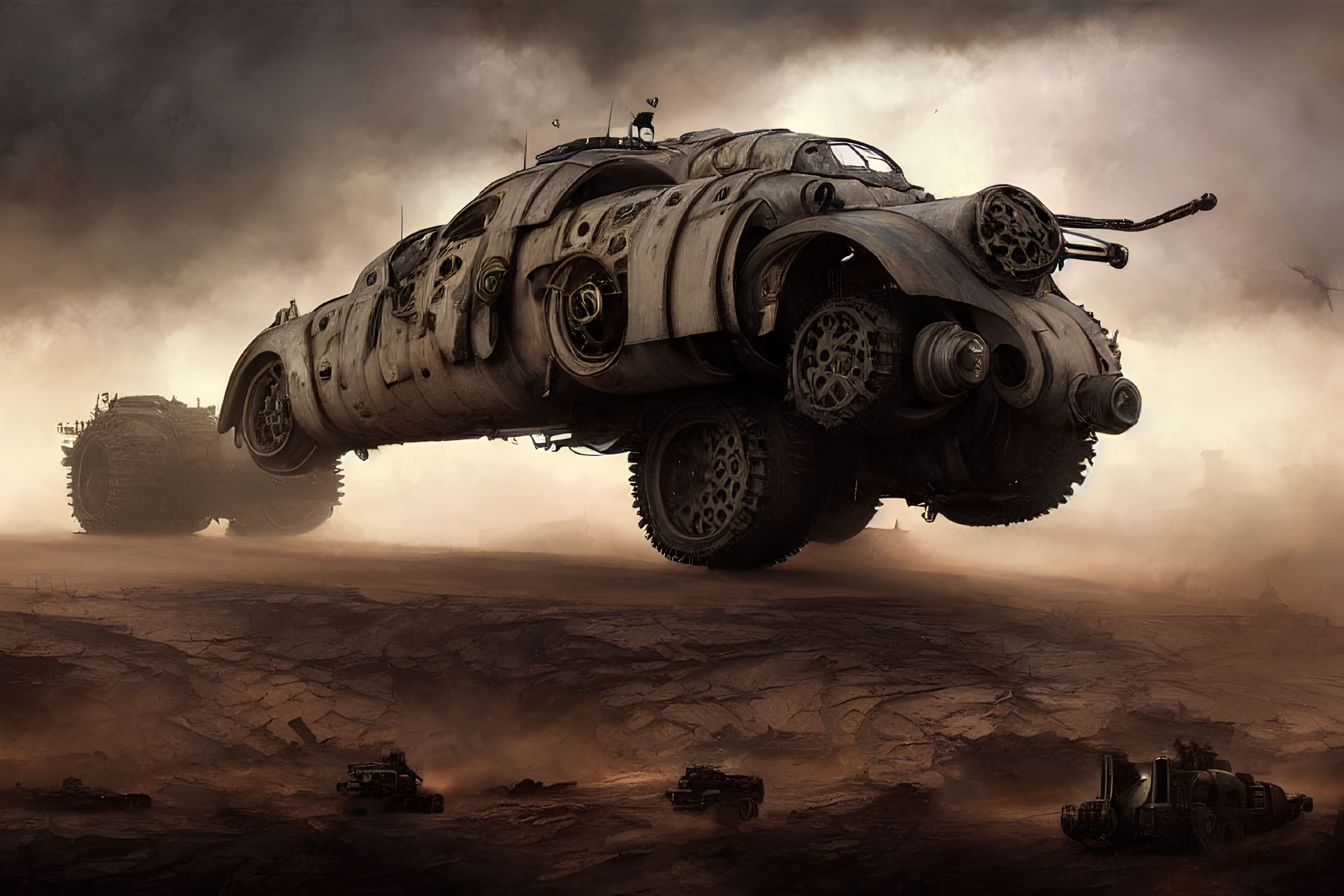 Armored caterpillar vehicle in dystopian wasteland with smaller vehicles in dusty atmosphere