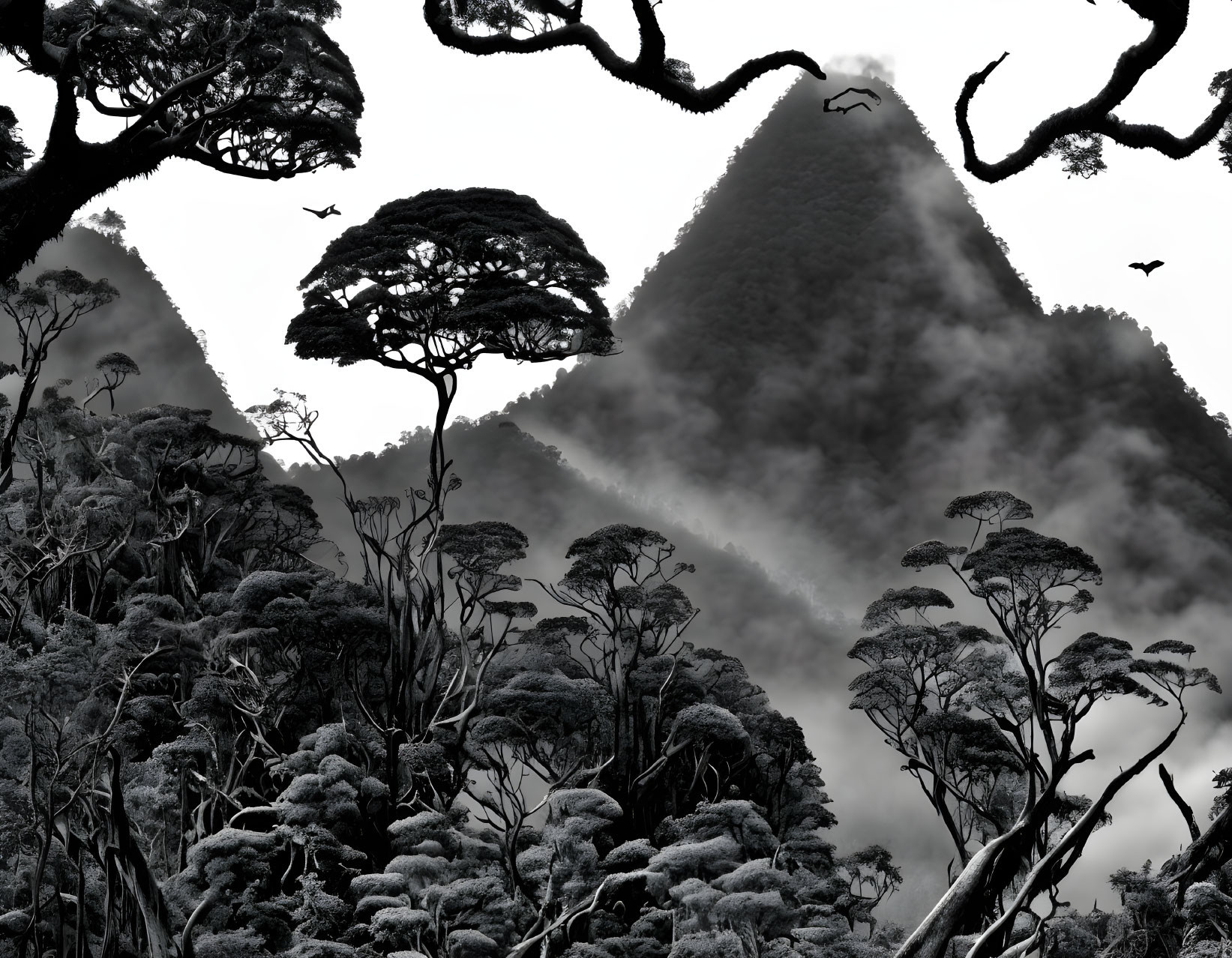 Monochromatic misty mountain landscape with trees and birds