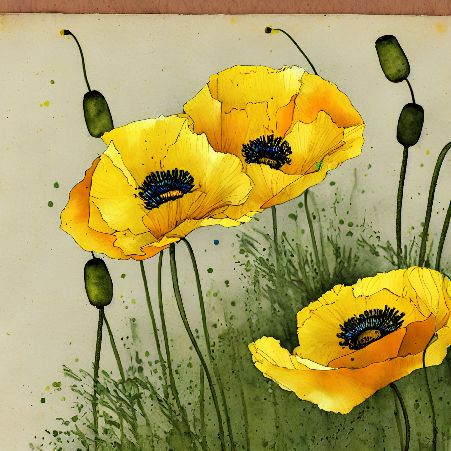 Vibrant yellow poppies on textured beige background