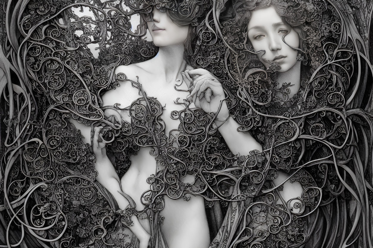 Monochrome artwork featuring intertwined figures with elaborate swirling patterns.