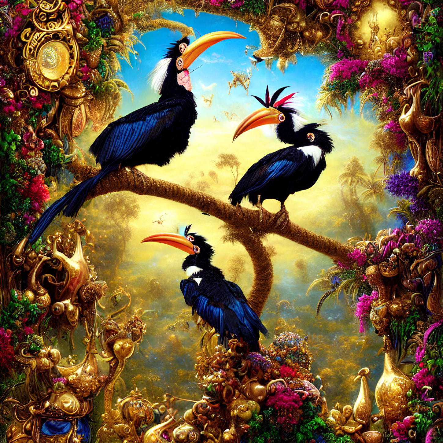 Vibrant jungle scene with three hornbills on a branch