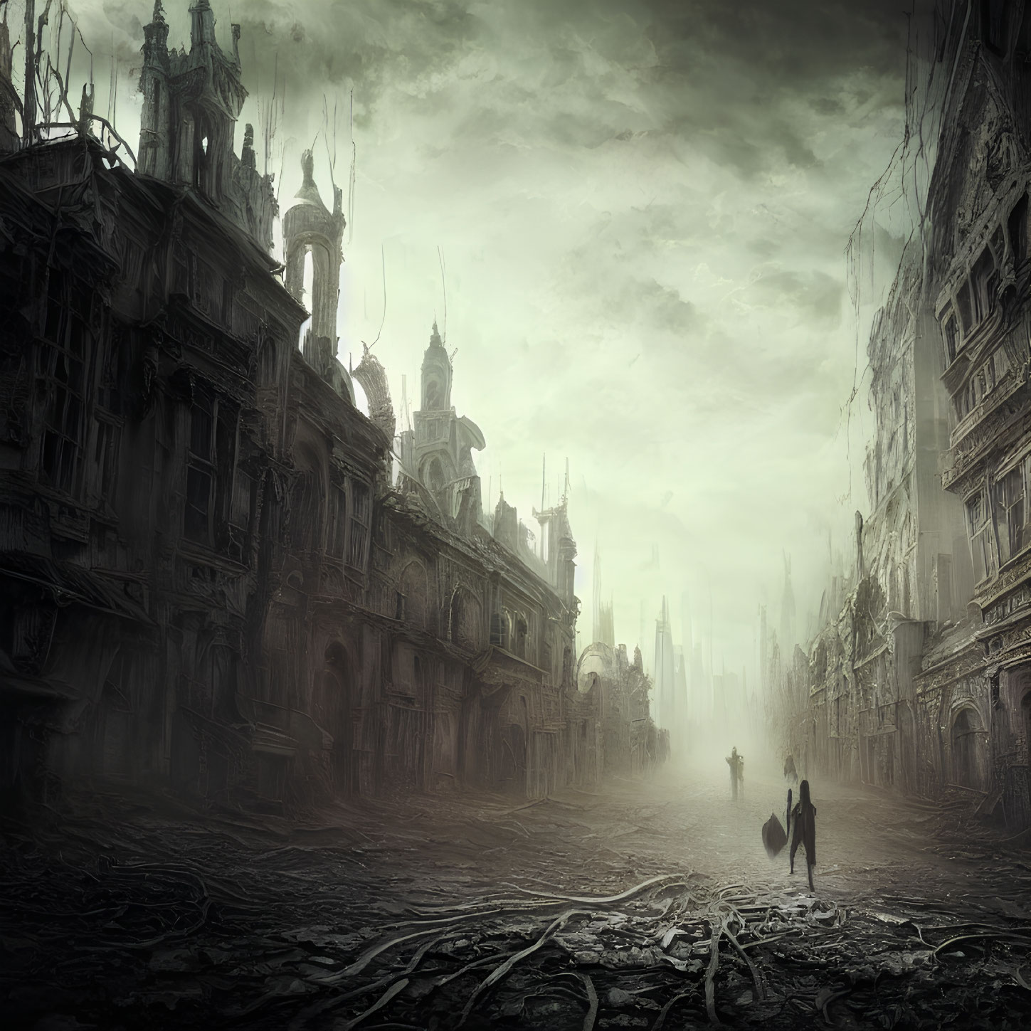 Dystopian cityscape with lone figure in misty atmosphere