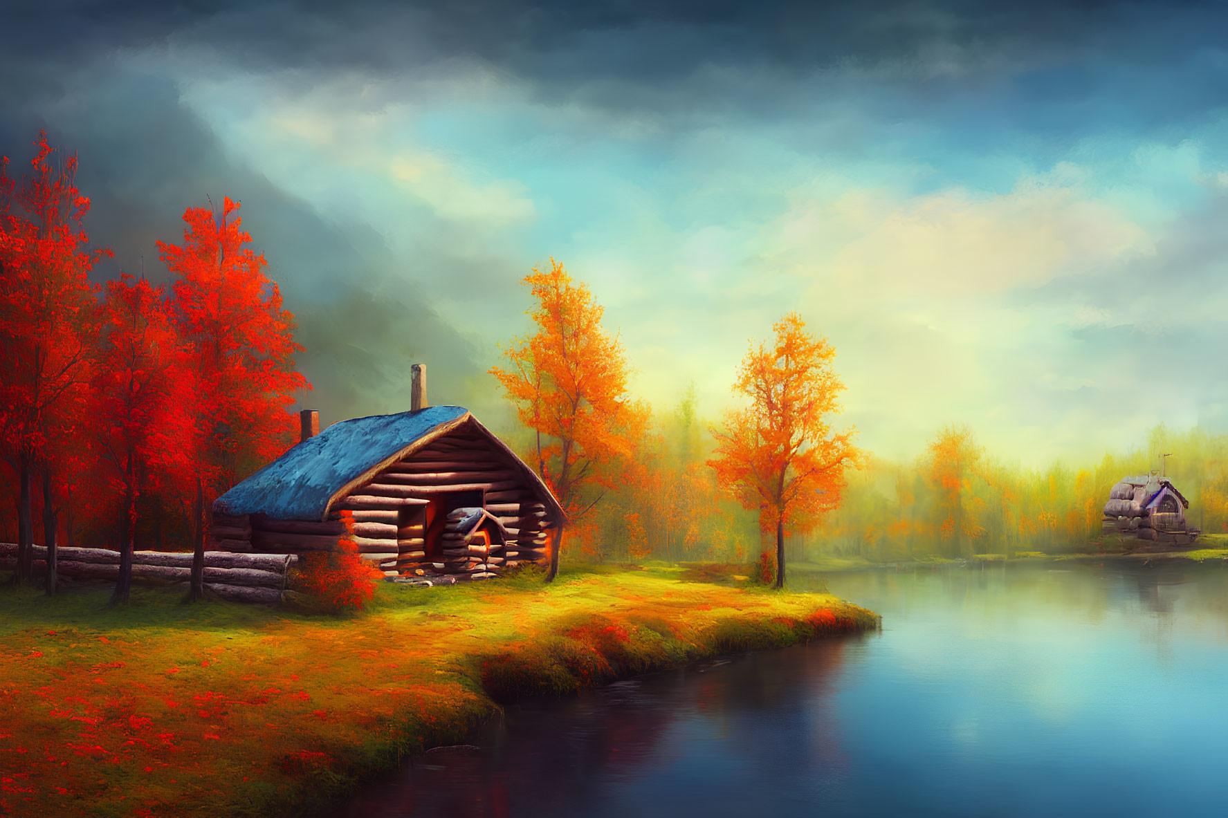 Tranquil lake cabin surrounded by autumn foliage