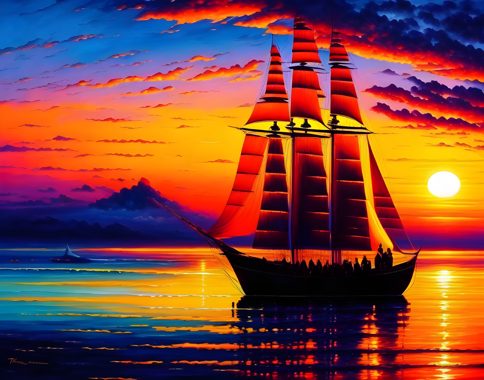 Colorful Digital Artwork: Tall Ship Sailing at Sunset With Striking Orange Sails