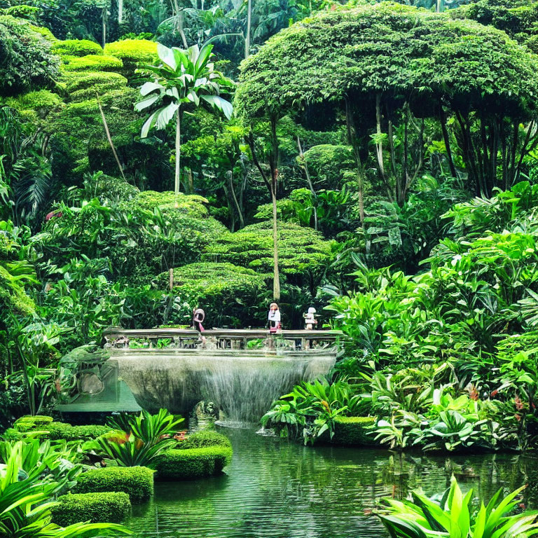 Tranquil garden scene with stone bridge and waterfall viewing.