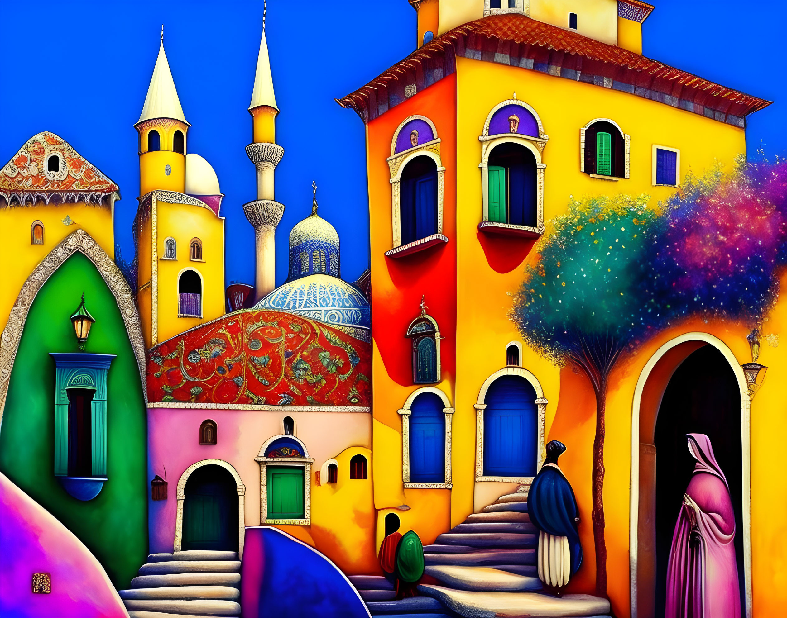 Colorful illustration of whimsical town with figure in cloak