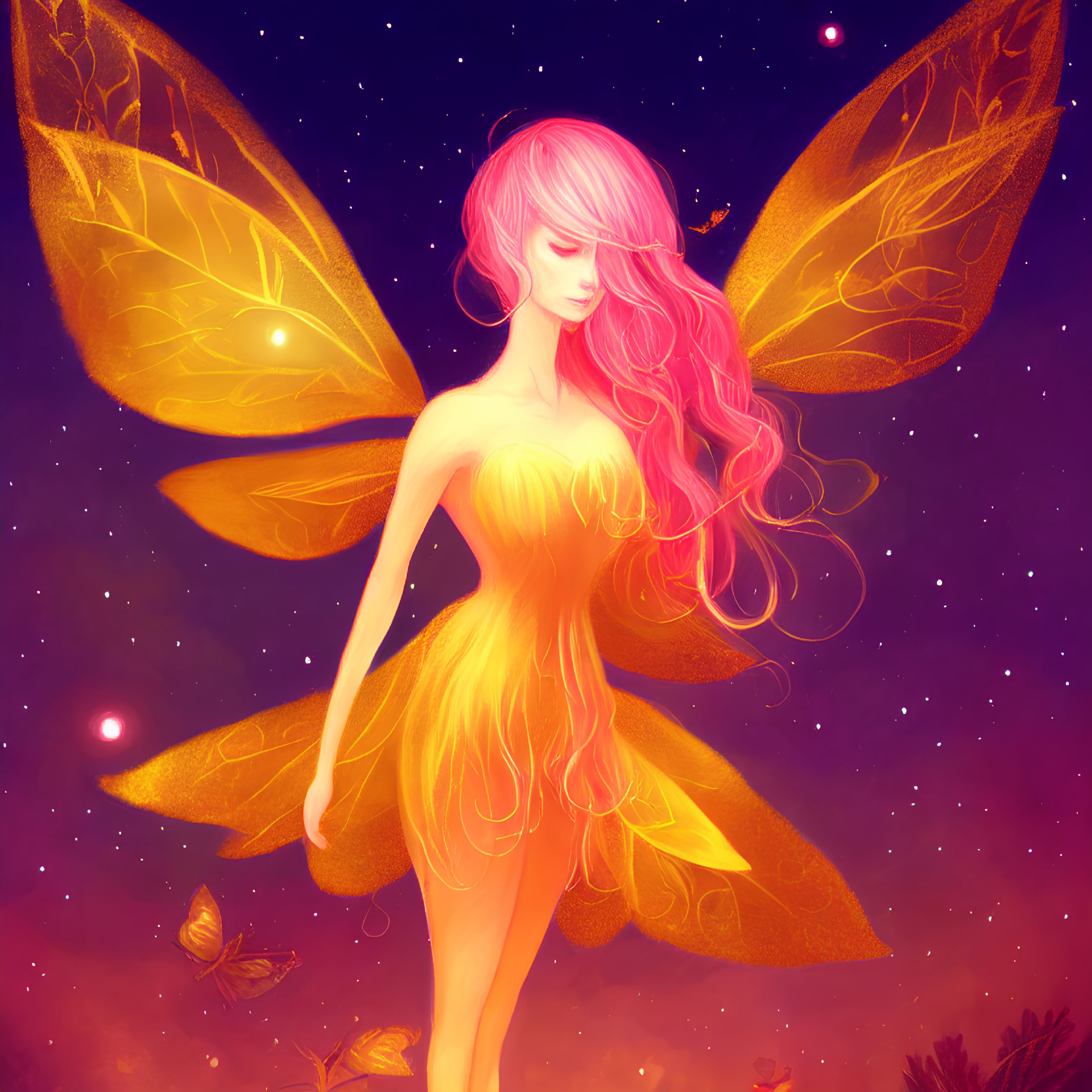 Whimsical fairy with pink hair and yellow wings in a starry sky