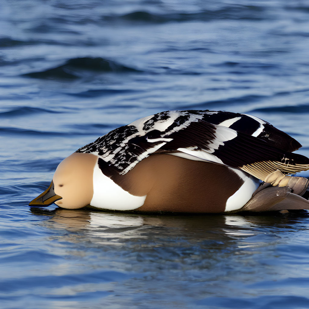 King Eider Duck with Brown, White, and Black Plumage on Blue Water