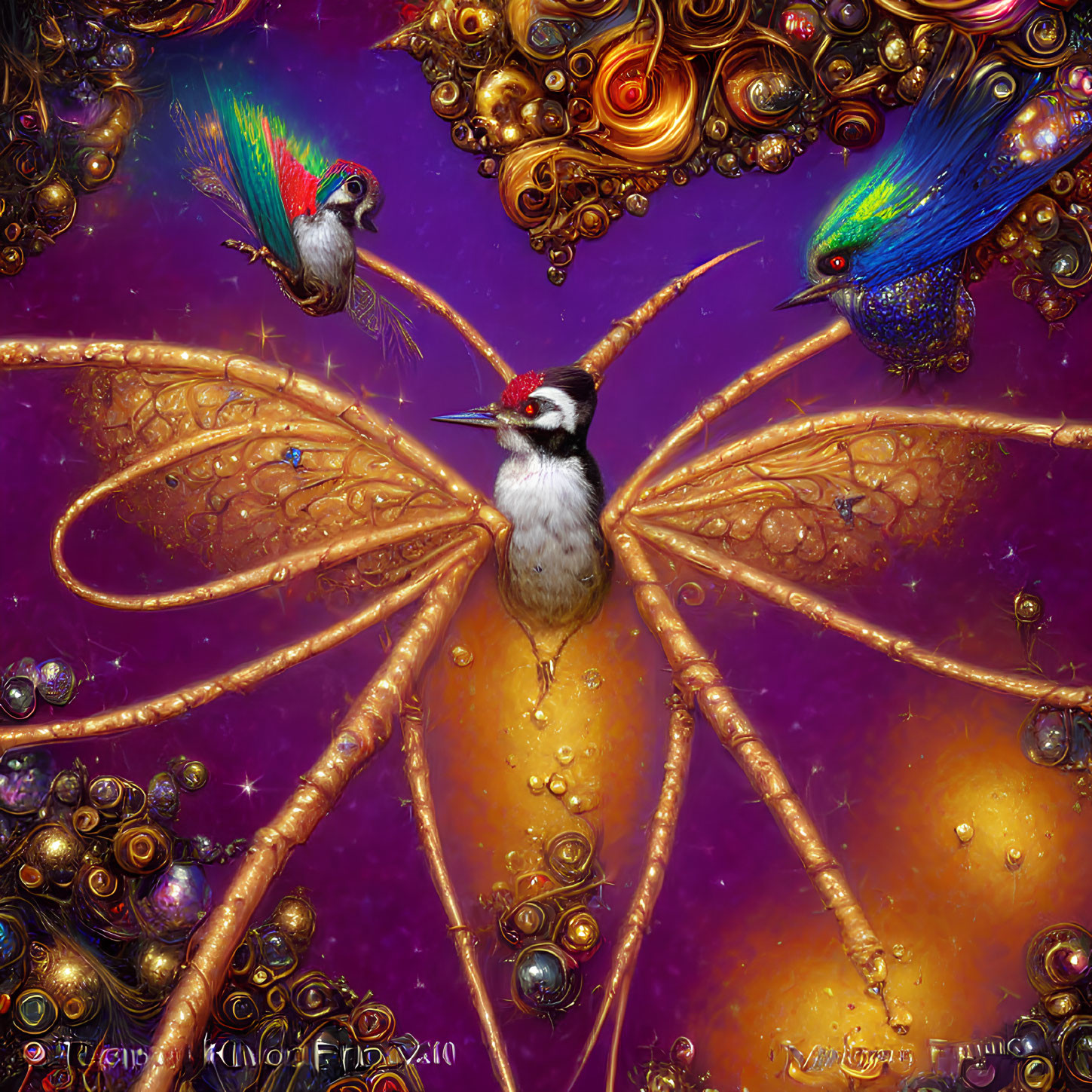 Colorful digital artwork: Golden dragonfly, birds, cosmic backdrop