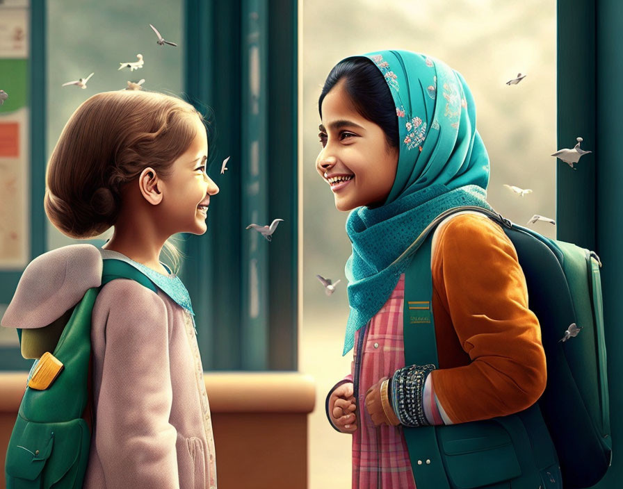 Two young girls smiling by window with flying birds