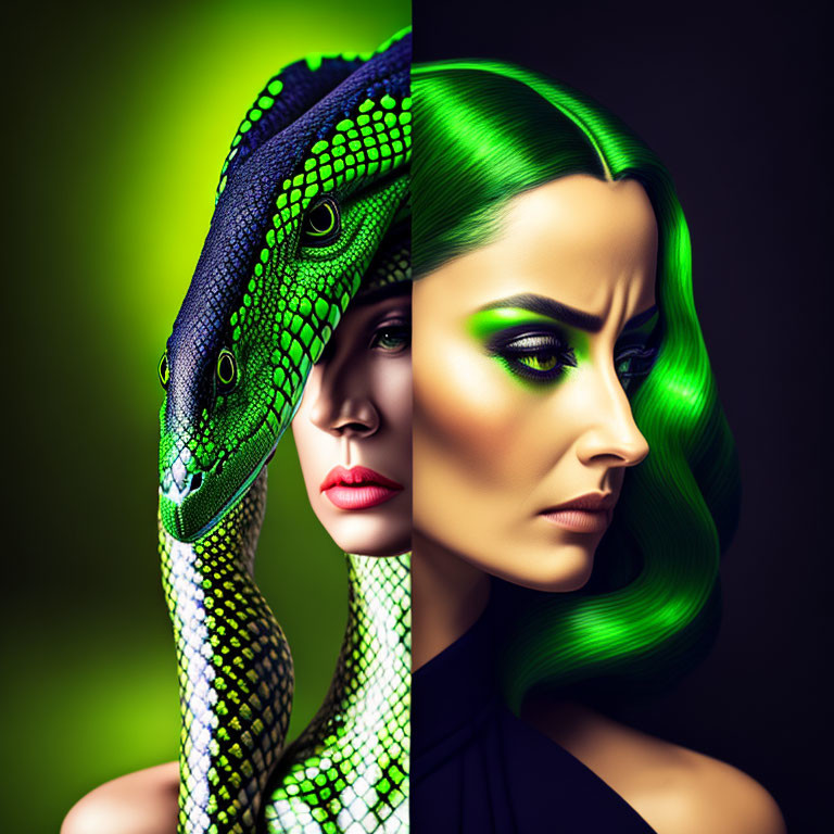 Split image: Green snake and woman mirroring each other's appearance on dark background