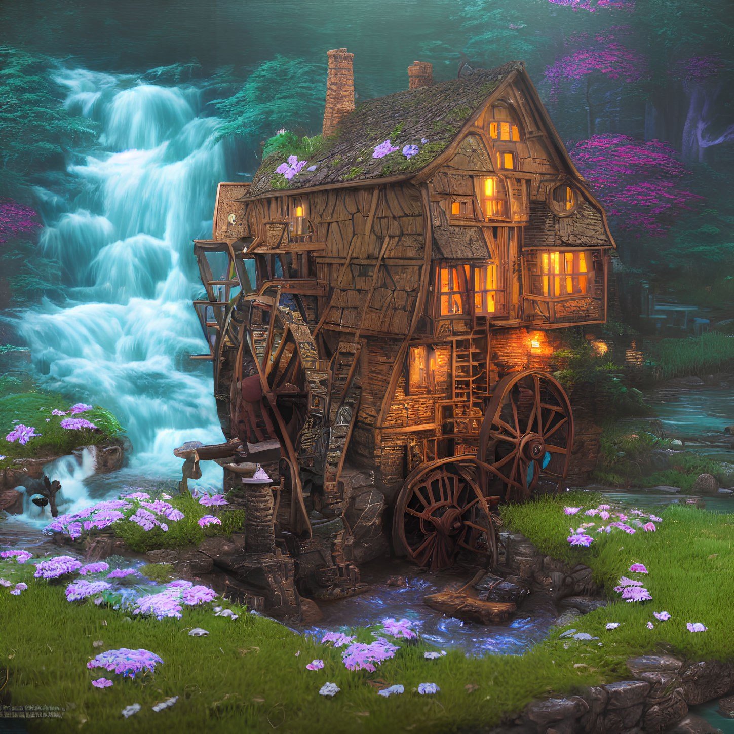 Enchanting fairy-tale cottage by waterfall and waterwheel