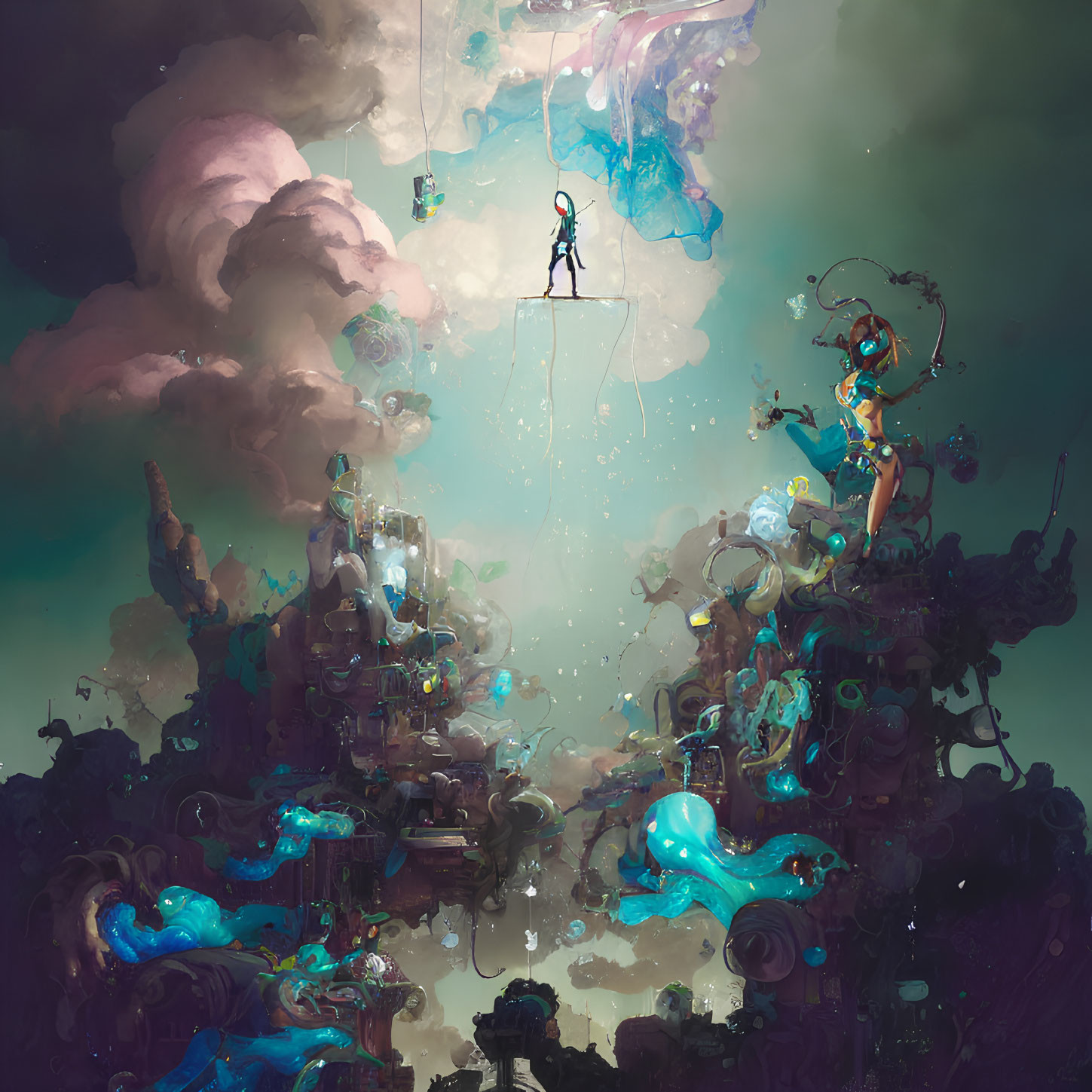 Surreal artwork: Figure on floating platform above vibrant ruins