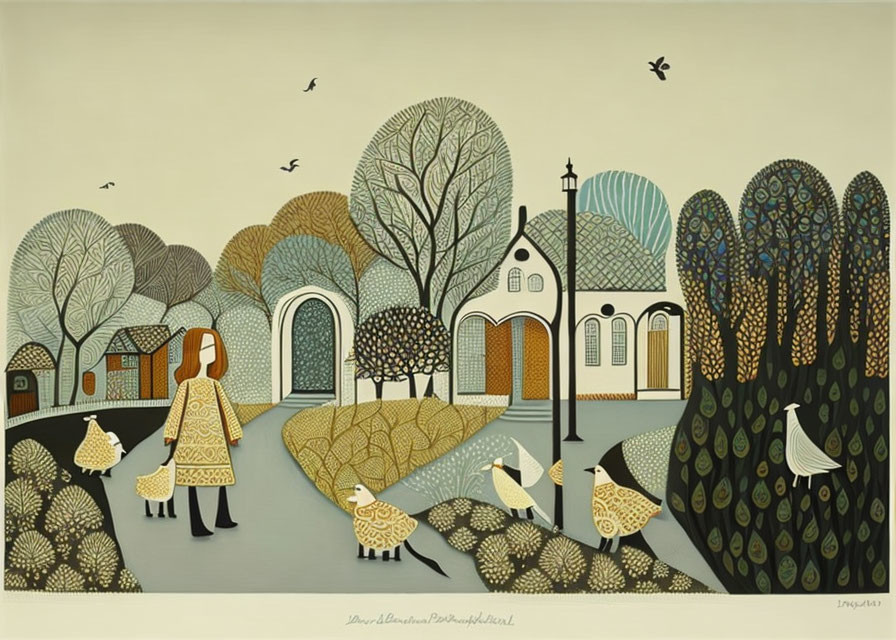 Female figure with geese in whimsical landscape art piece.