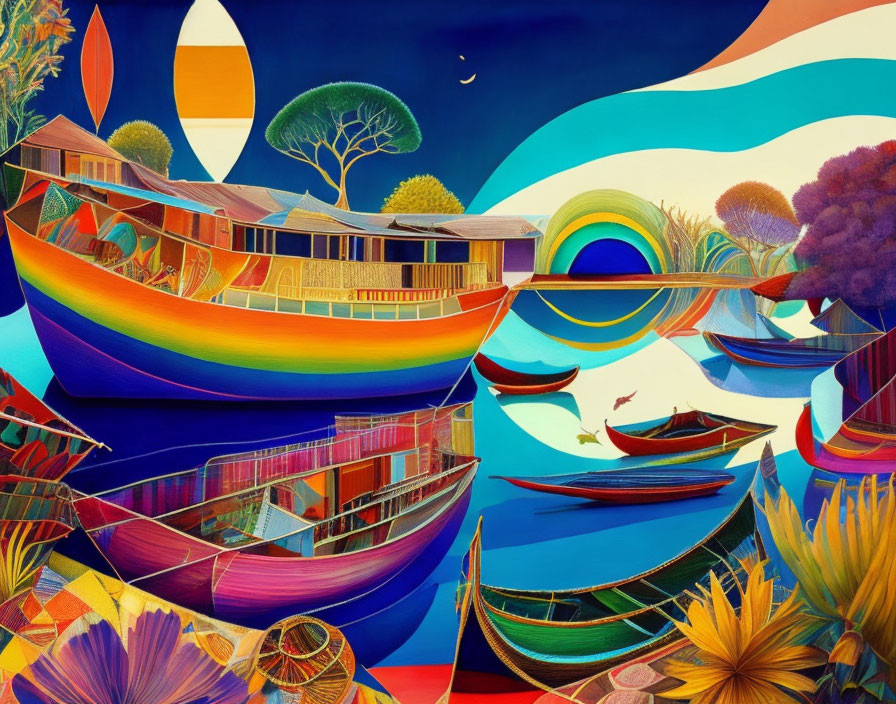 Colorful boats on calm waters under a surreal sky with a crescent moon and stylized trees