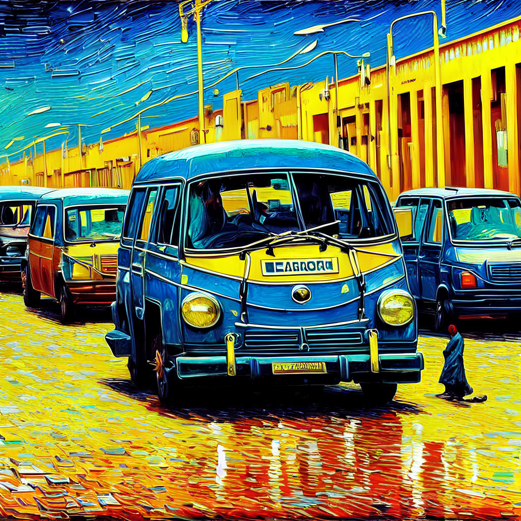 Colorful digital art: Blue vintage van on street with yellow and orange tones, person walking under over