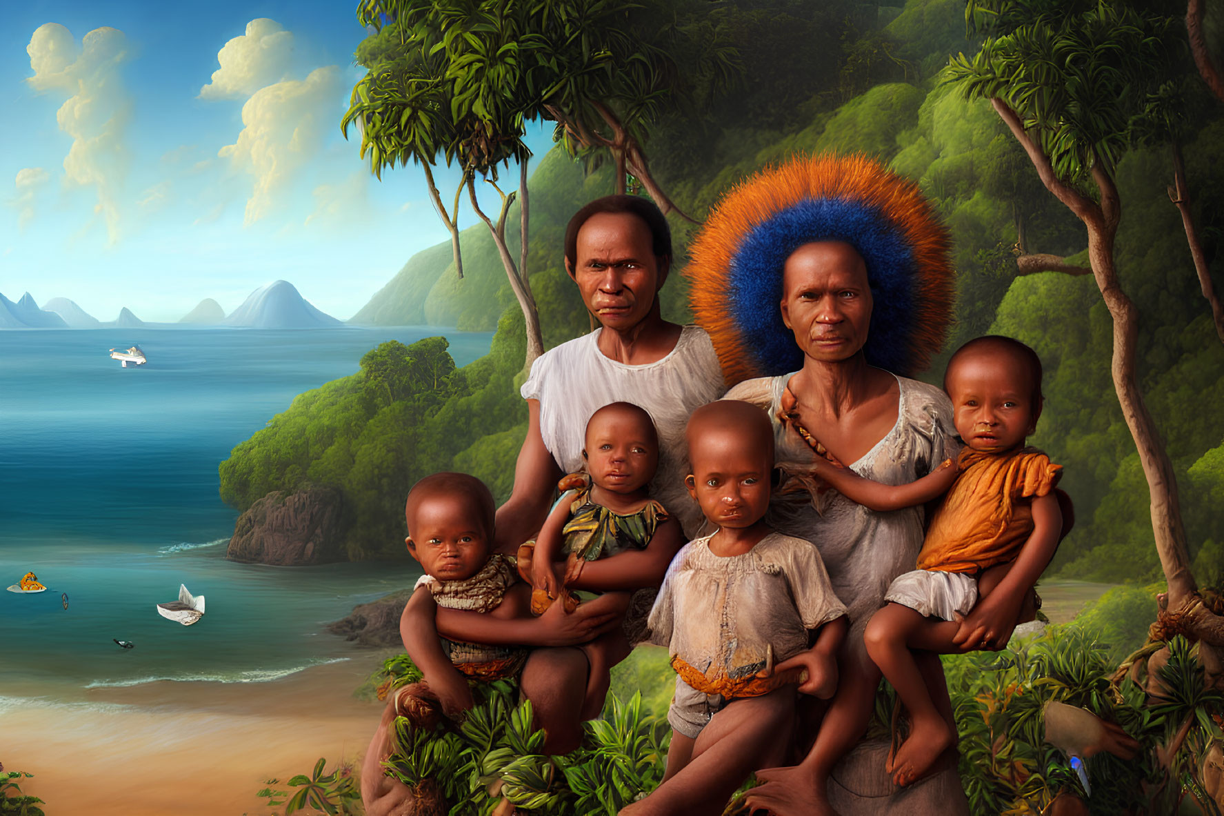 Family Portrait in Coastal Setting with Blue and Orange Headdresses