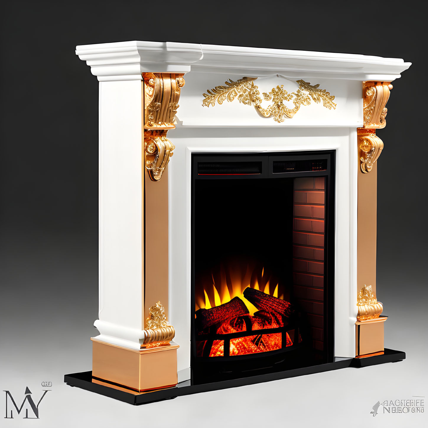 Elegant white fireplace with golden decor and artificial fire on neutral backdrop