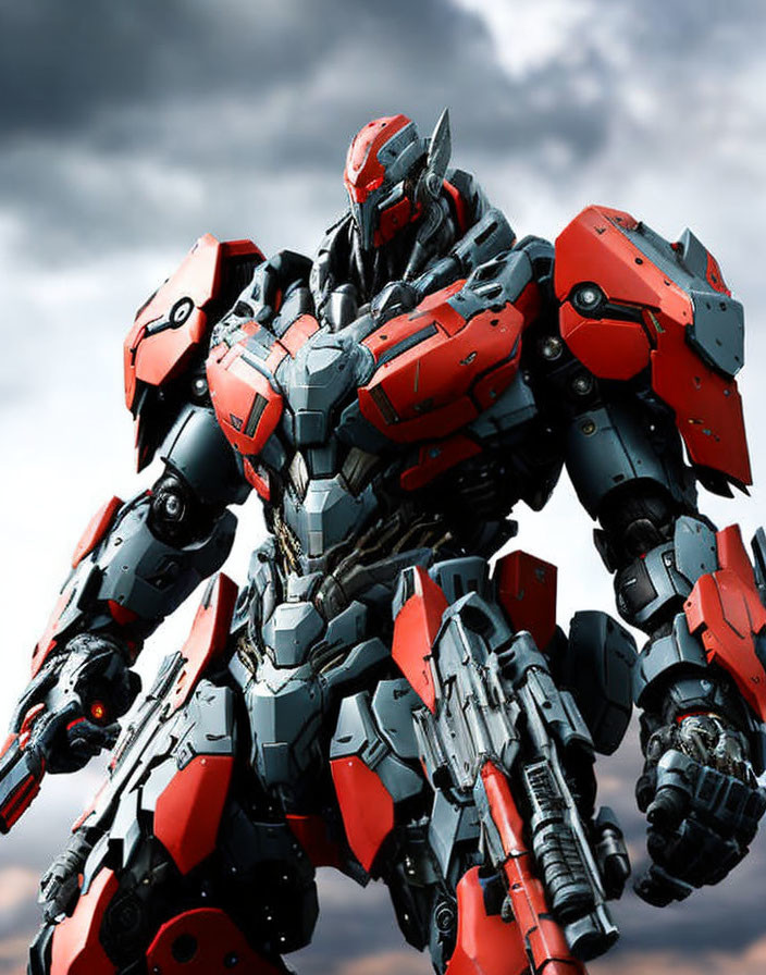 Red and Gray Humanoid Robot with Gun in Hand Under Cloudy Sky