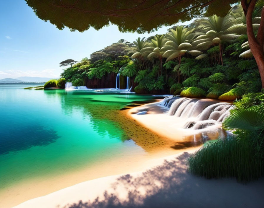 Tranquil Tropical Landscape with Lake, Waterfalls, and Greenery