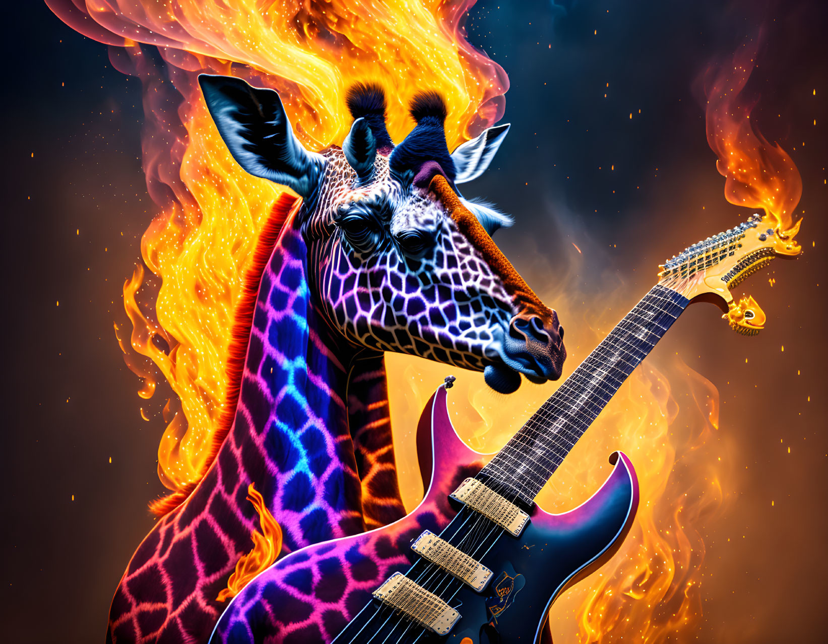 Colorful Giraffe Illustration with Purple and Blue Patterned Neck and Electric Guitar in Flames Background