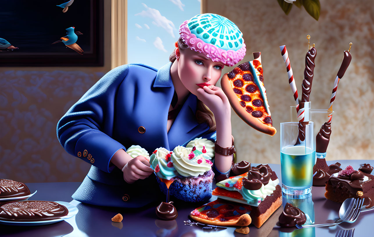 Woman in Blue Jacket Surrounded by Sweets and Birds