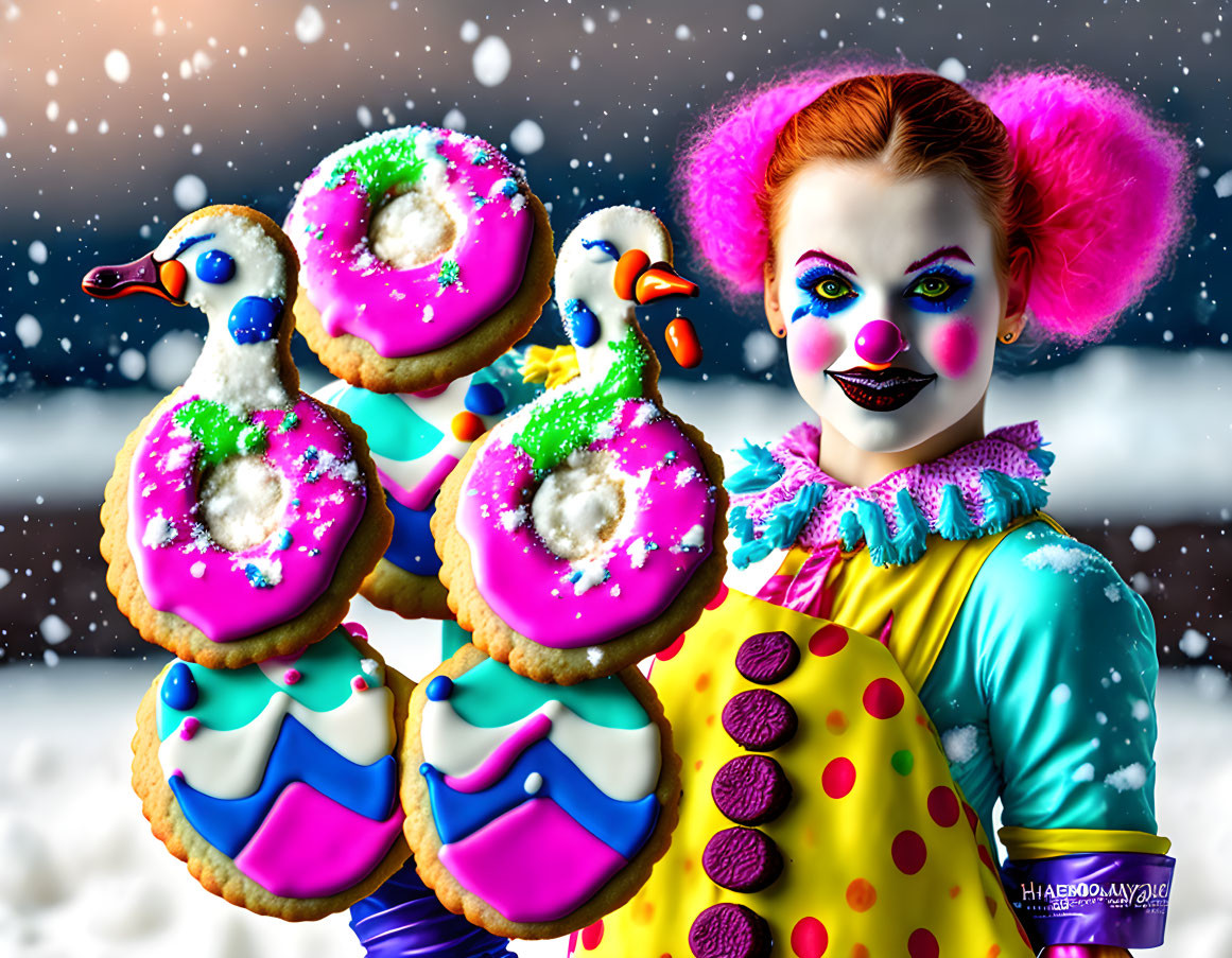 Colorful Clown Holding Duck-Shaped Donuts in Snowy Scene