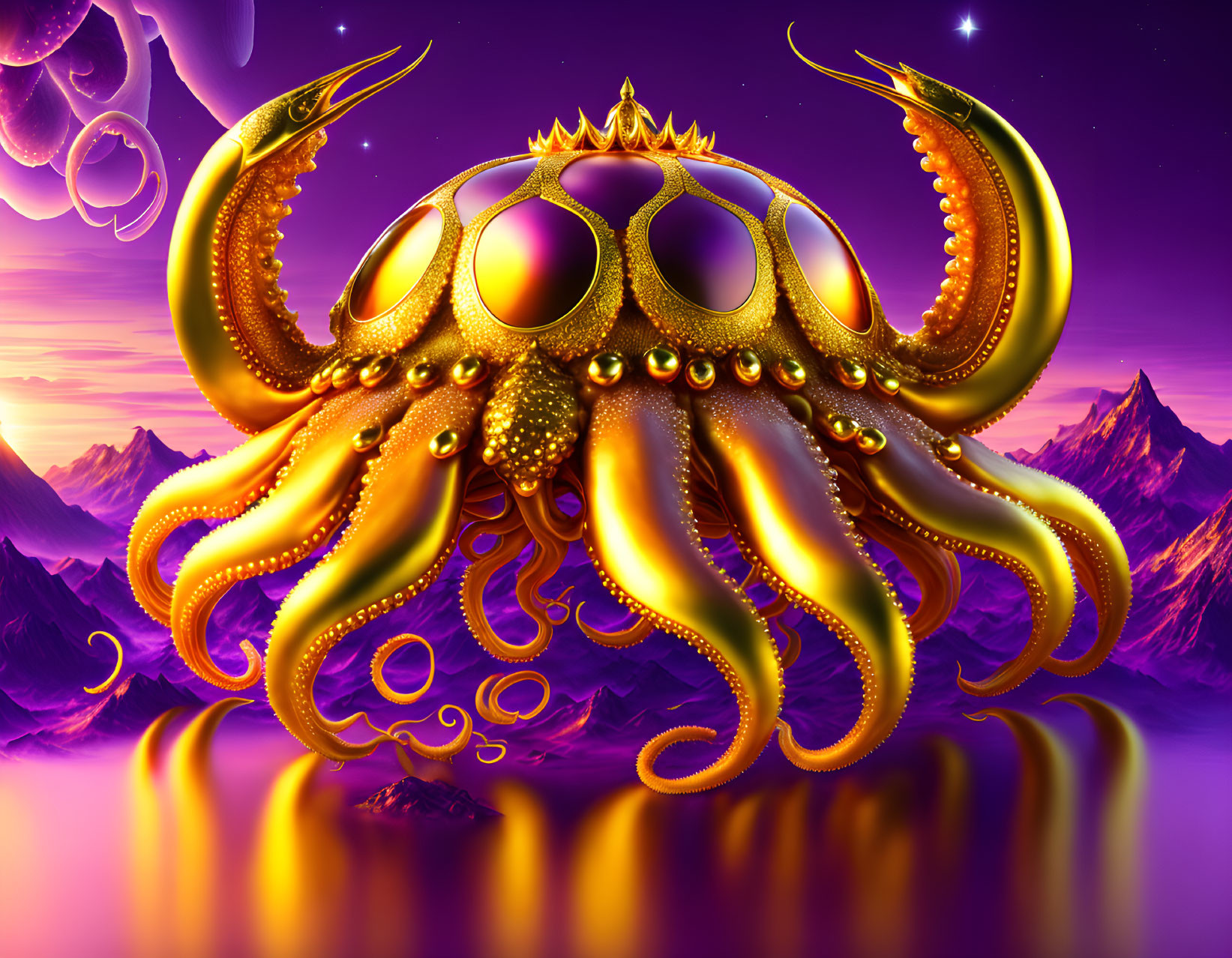 Golden octopus with crown and scepter in purple fantasy landscape