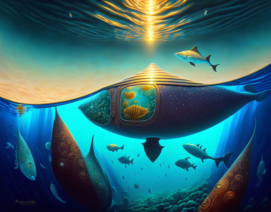 Underwater Scene with Fish, Submarine, and Coral Reefs