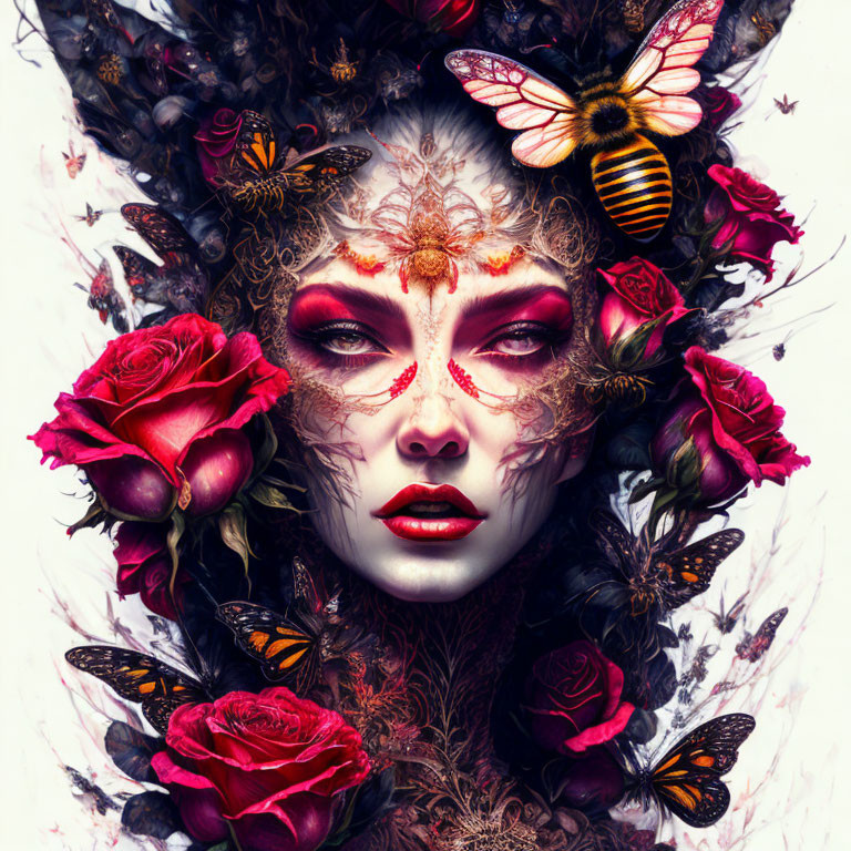 Vibrant makeup and red roses on woman surrounded by butterflies