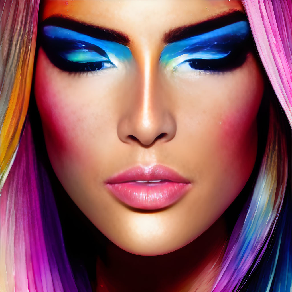 Vibrant blue eyeshadow, pink cheeks, glossy lips on woman's face