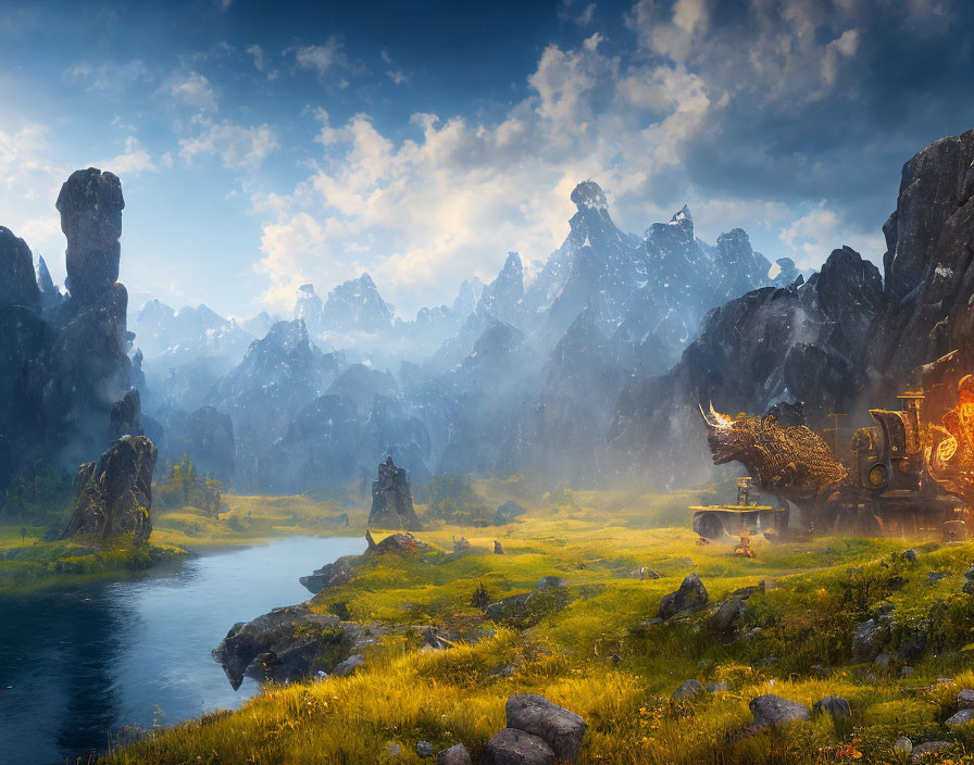 Mystical landscape with towering mountains, river, sunlit meadow, fantastical structures, creatures