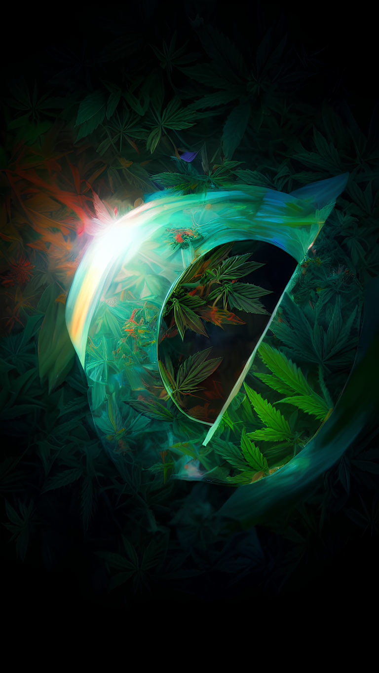 Translucent crescent in cannabis leaf backdrop with vibrant light