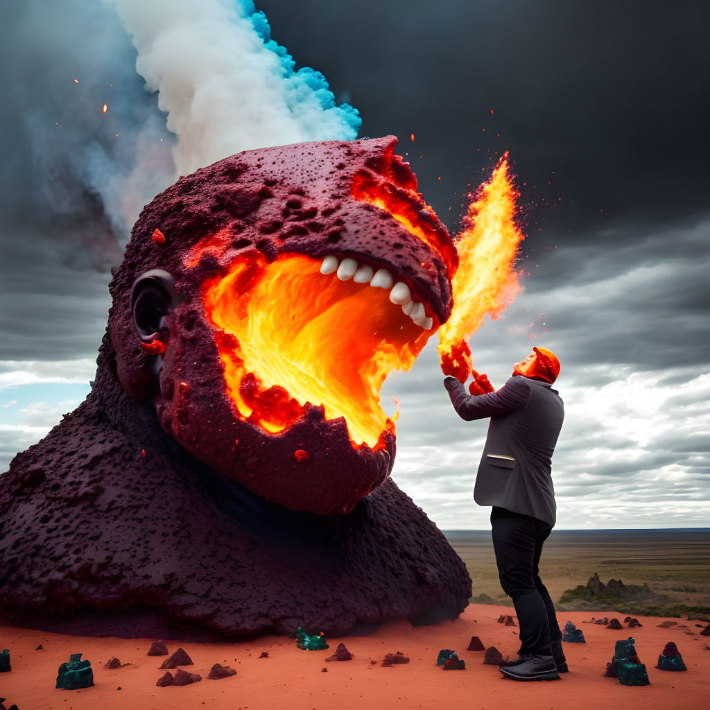 Person in suit confronts monstrous lava-spewing head under dramatic sky