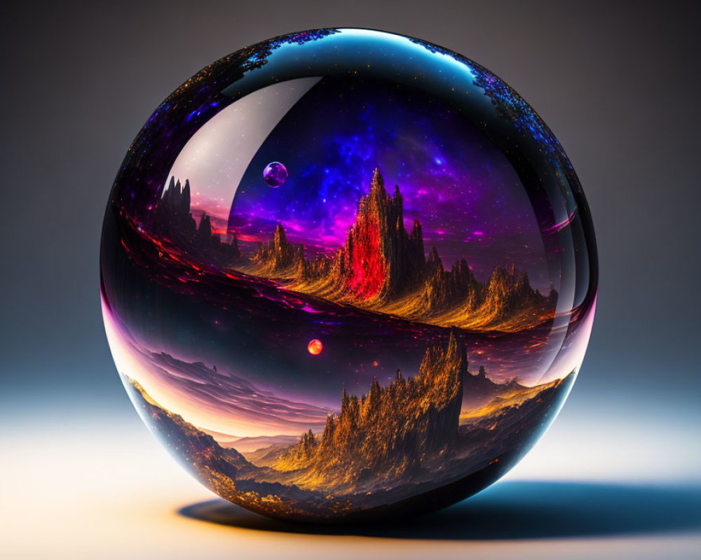 Glossy Sphere Featuring Cosmic Landscape with Purple Skies