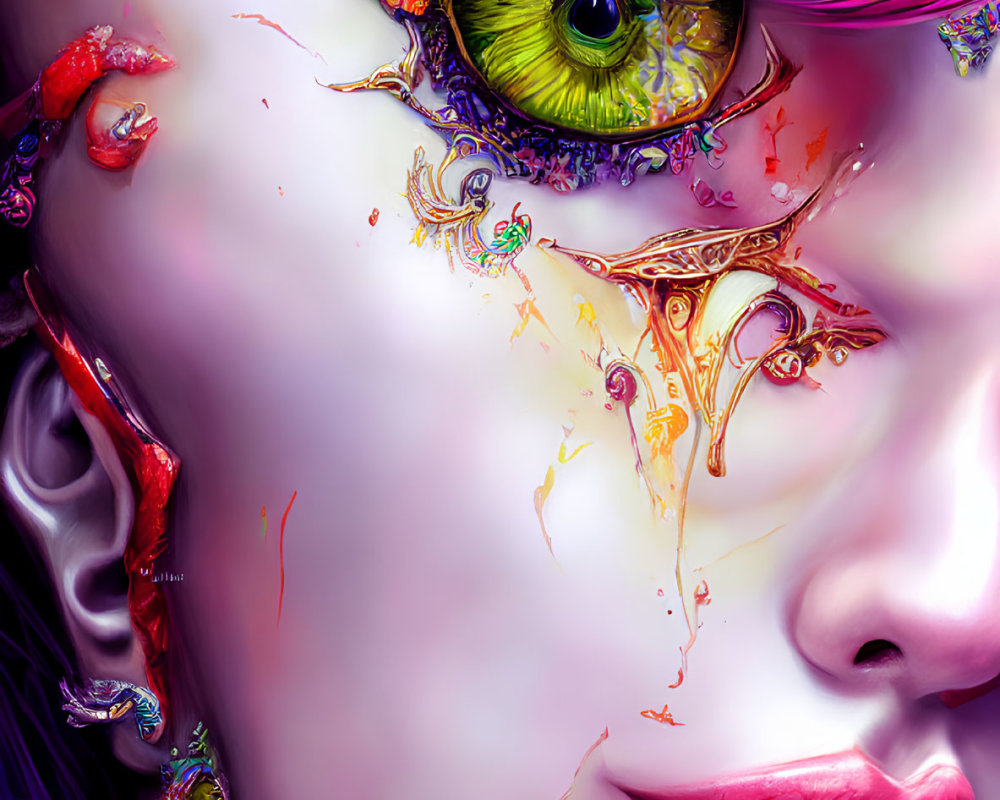 Colorful eye makeup and splattered paint effects on person's portrait