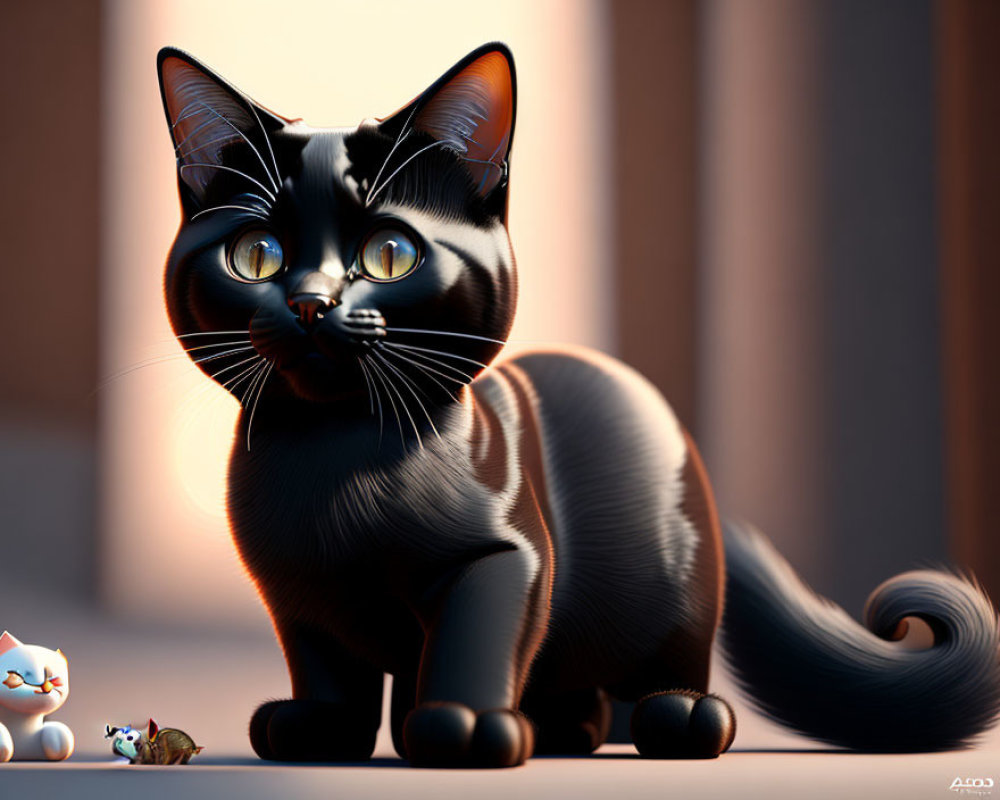 Oversized glossy black cat and tiny white kitten in 3D render