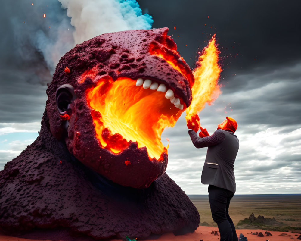 Person in suit confronts monstrous lava-spewing head under dramatic sky