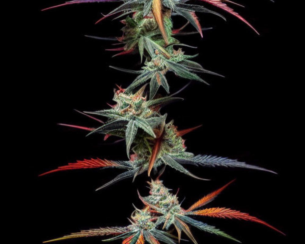 Vertical display of three cannabis buds with trichomes and multicolored leaves on black background