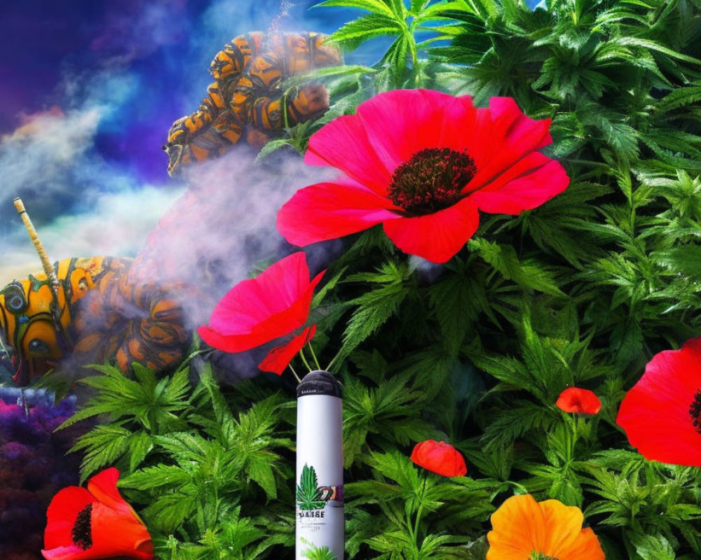 Colorful poppies and mechanical elements in misty background with vape pen.