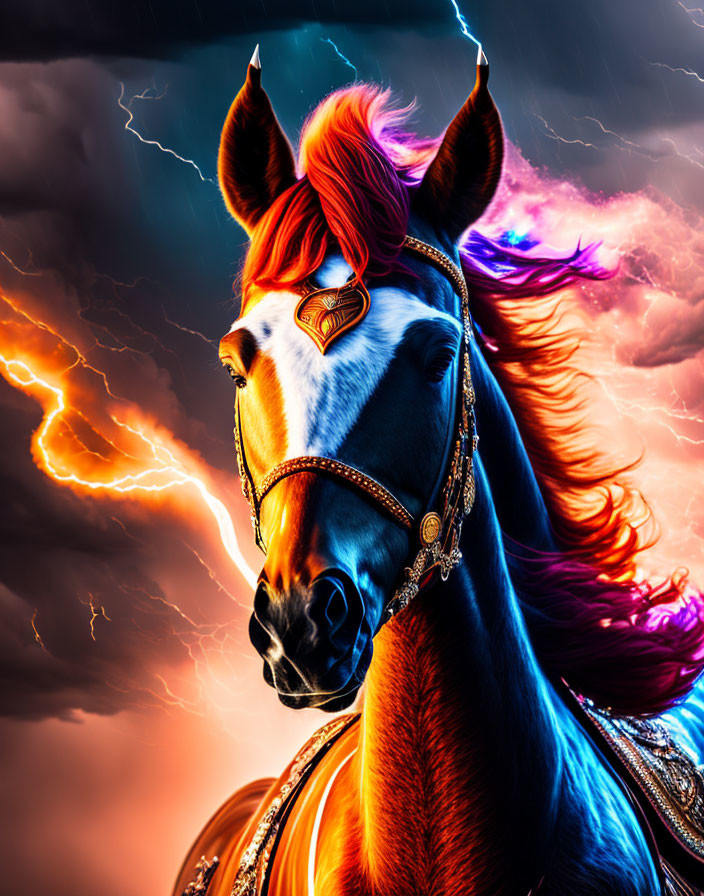 Vibrant Digital Artwork: Horse with Fiery Mane & Stormy Sky