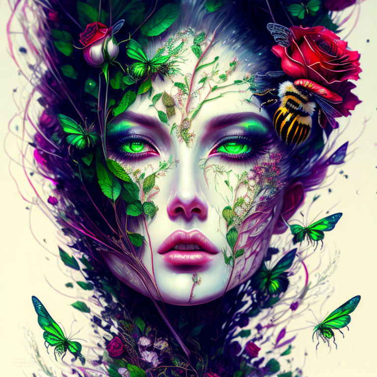 Colorful woman's face with floral elements, butterflies, and bee in vibrant illustration