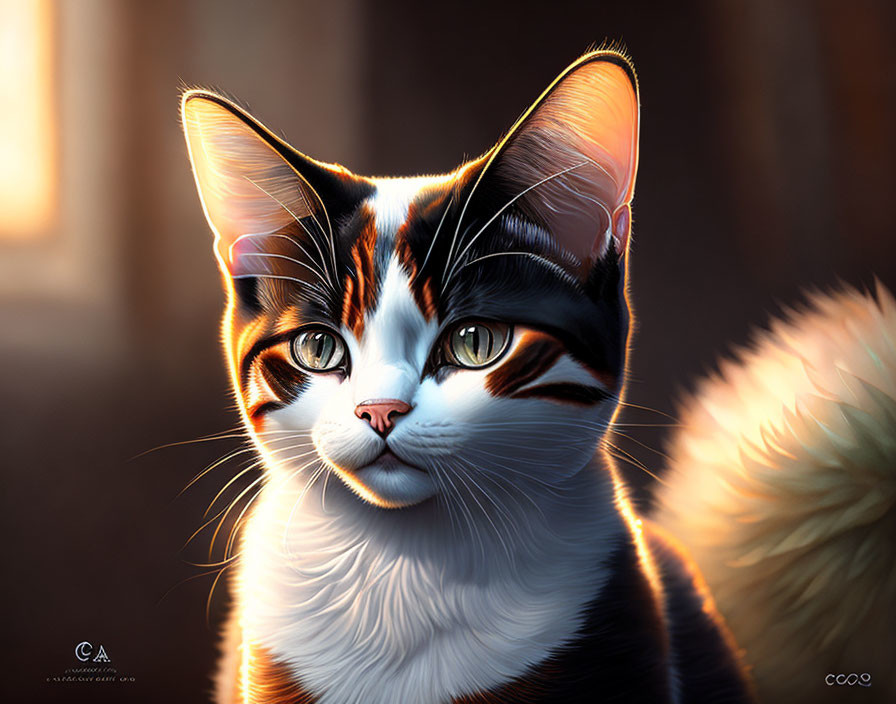 Realistic Black and White Cat Digital Artwork with Sunlight Detail